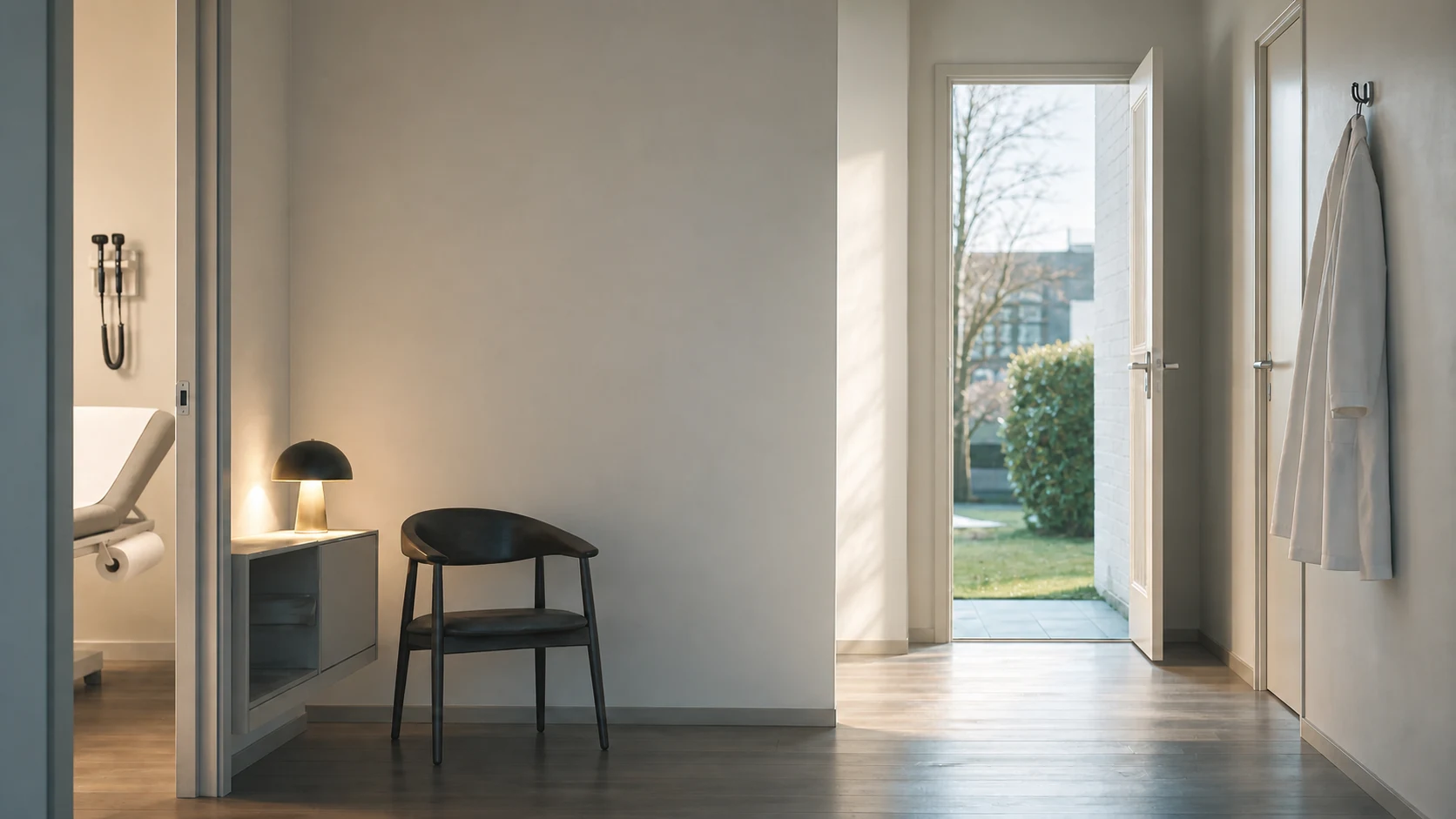 Un cabinet médical calme et lumineux, avec une porte ouverte sur la lumière du matin.