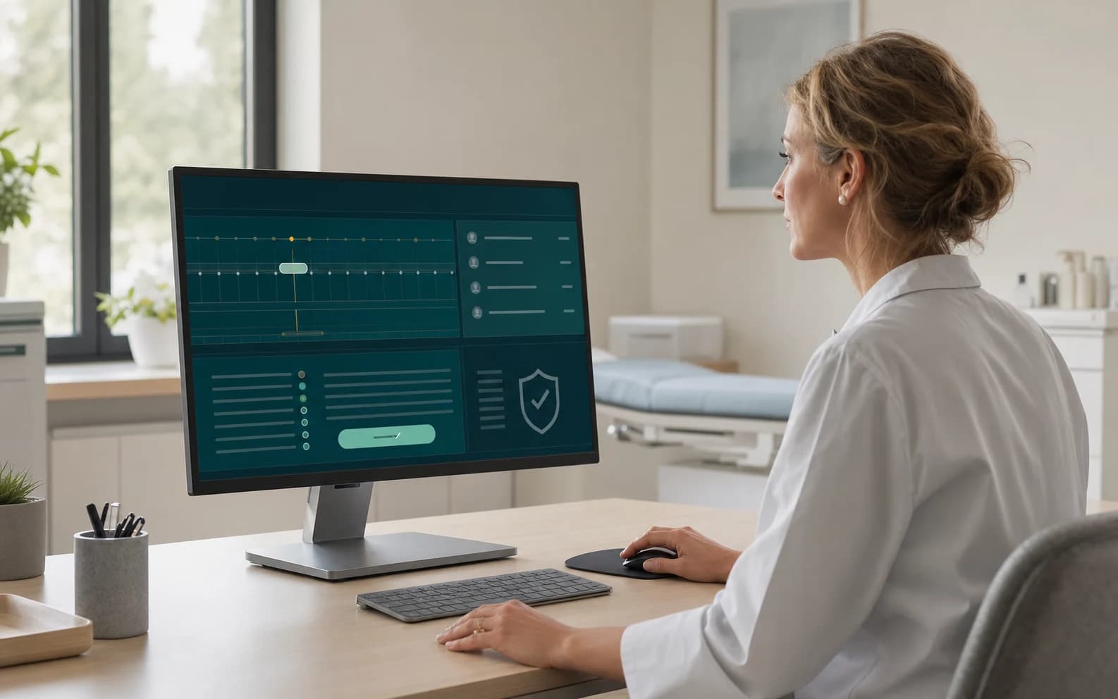 Une médecin valide un flux de rendez-vous depuis le cockpit sécurisé de son cabinet.