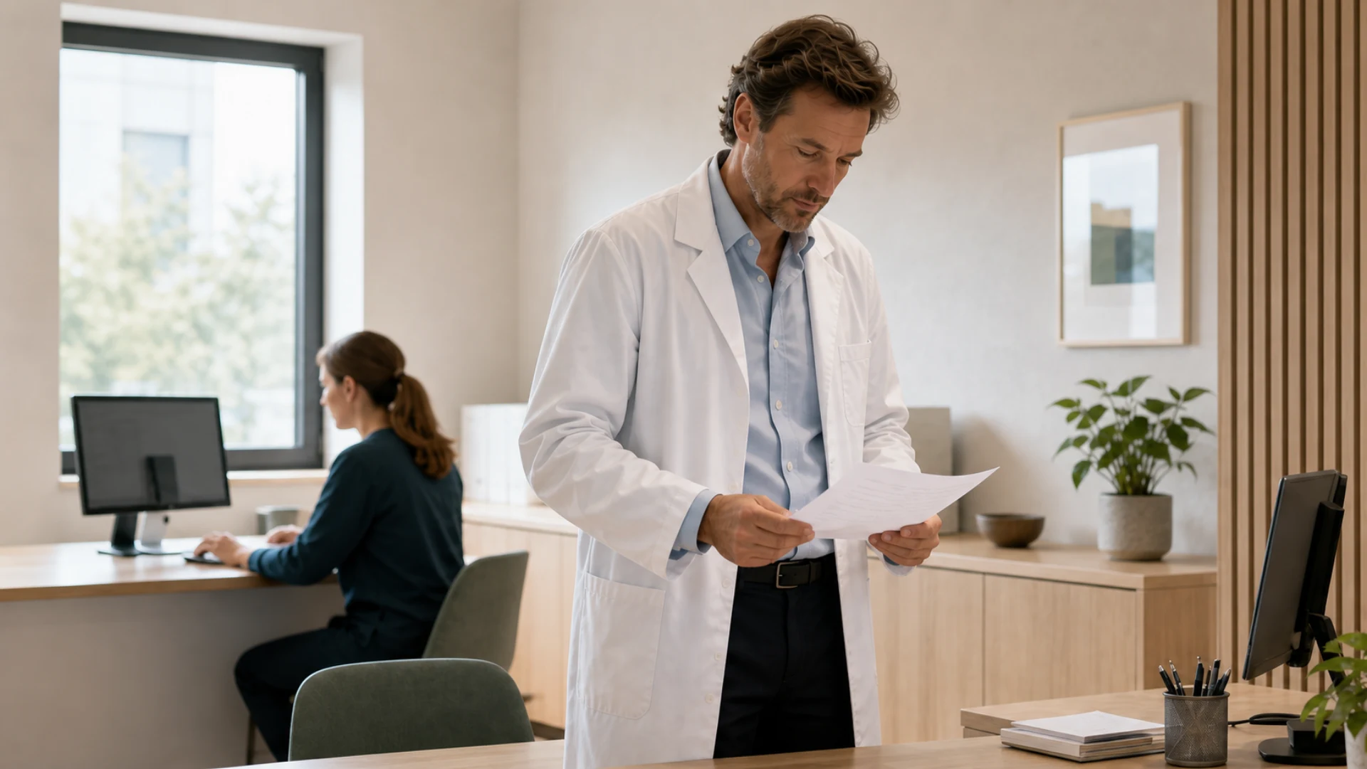 Un médecin consulte un document pendant qu’une secrétaire médicale travaille dans un cabinet lumineux.