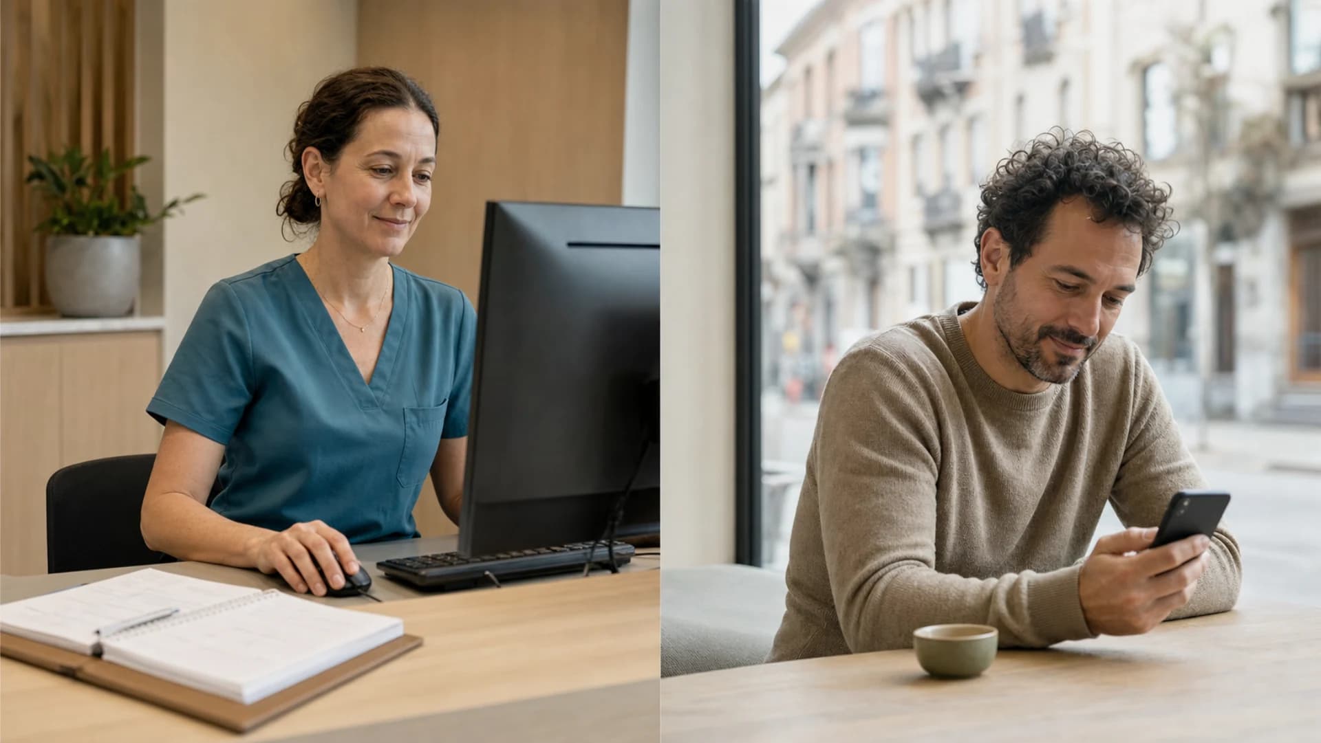 Une secrétaire médicale signale un créneau pendant qu’un patient consulte la proposition sur son téléphone.
