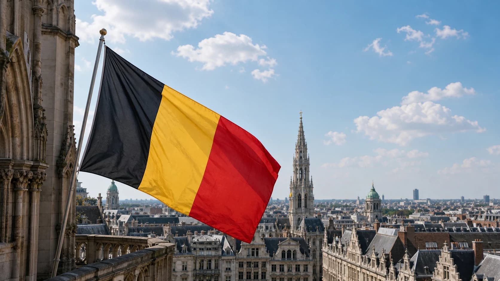 Le drapeau belge flotte au-dessus de l’architecture bruxelloise sous un ciel clair.