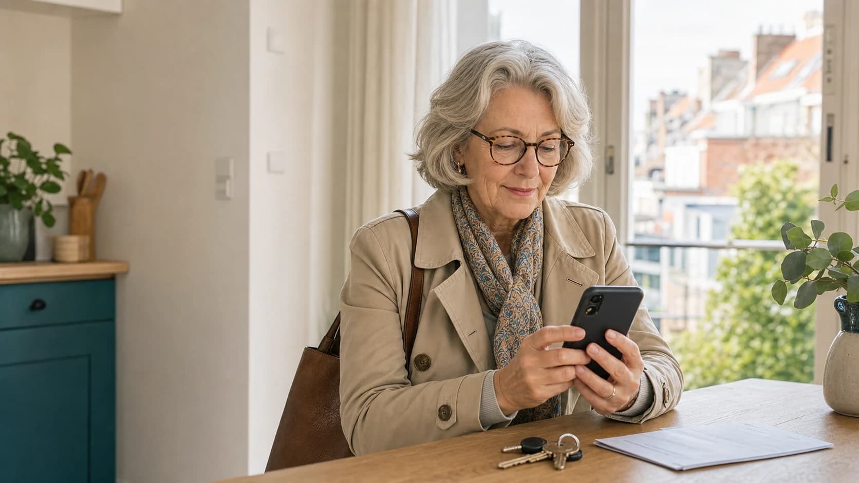Une citoyenne consulte son statut personnel sur son téléphone avant de partir.